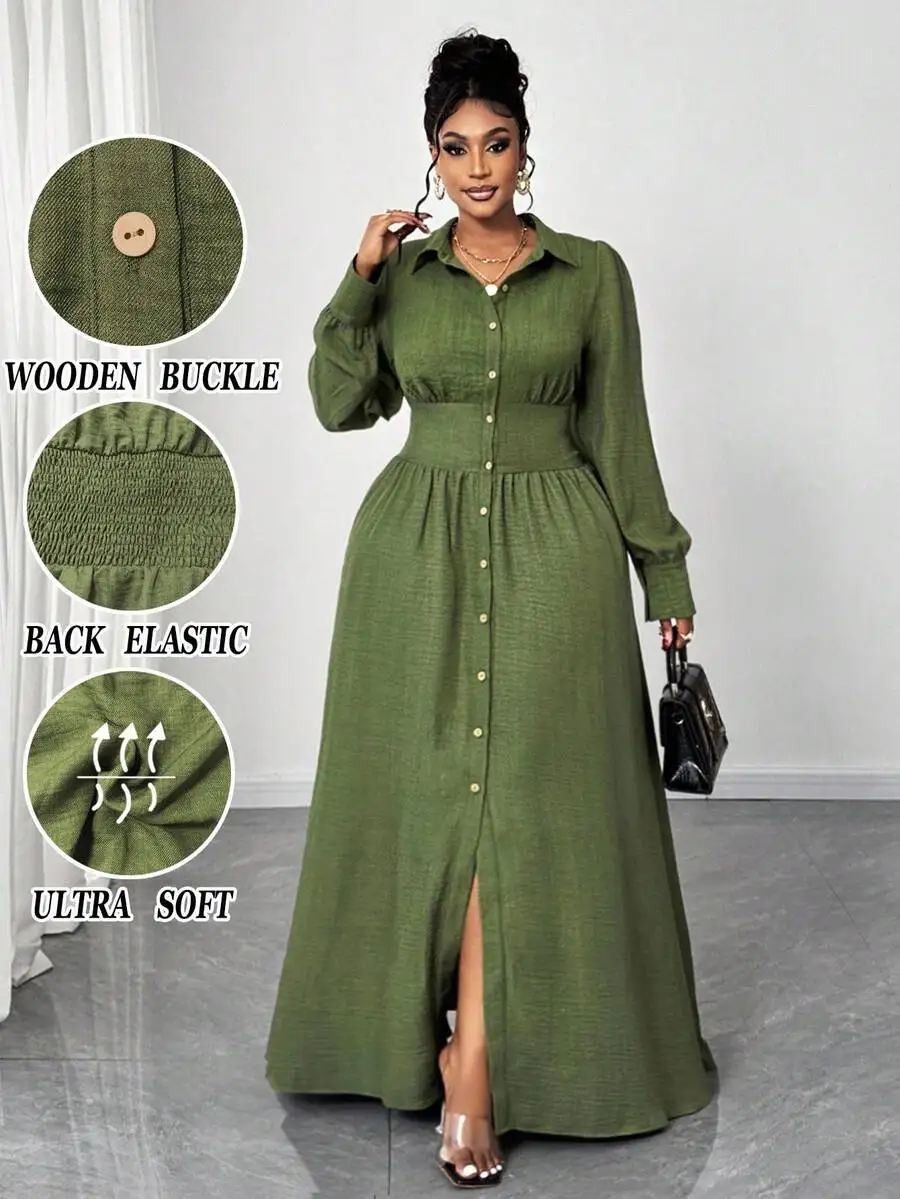 

Оливково-зеленое платье-рубашка больших размеров с деревянными пуговицами, пышными рукавами и эластичной талией на резинке.