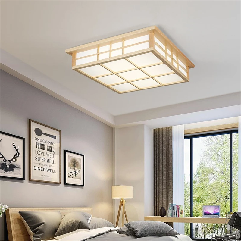 Japanese Wooden Square Ceiling Lights Modern Living Room Ceiling Lighting Kitchen Restaurant Light Fixture LED Lamparas De Techo