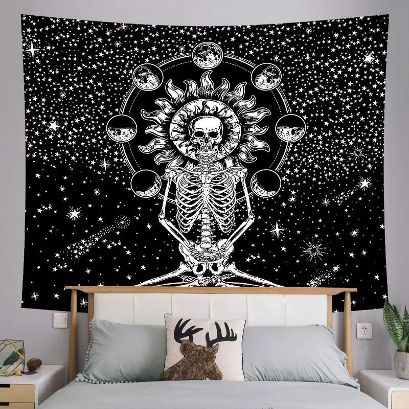 VIKAMA Retro Mountain River Wave Skull Sun Moon Tapestry Black White Wall Hanging Bedroom Dorm Decor