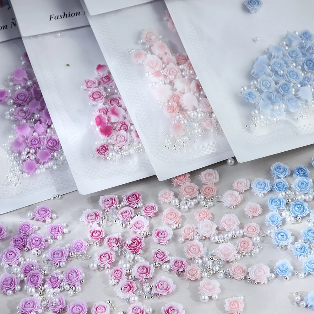 30Pcs/Bag Rose Design Nail Charm 3D Mixed Pearl Beads Rhinestone Round Flower Nail Decoration Romantic Valentines Supplies