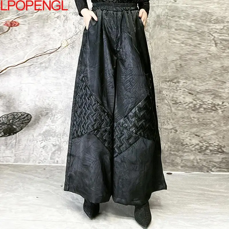 New Fashion Retro Women Chinese Style High-waisted Elegant Elastic Waist Straight Wide-leg Pants Personality Patchwork Trousers