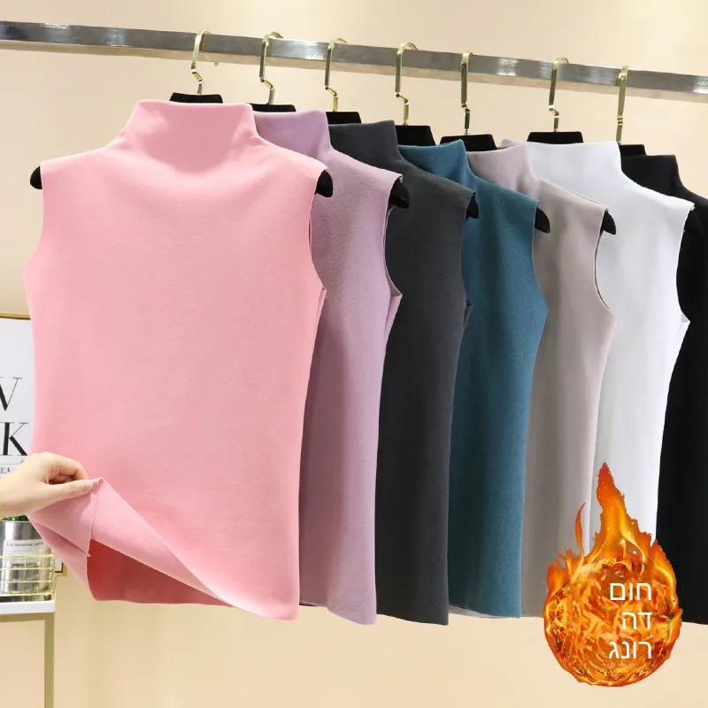2026 New Self-Heating Velvet Warm Vest Women's Half High Collar Fleece Lined Sleeveless Base Shirt Winter Thermal Top