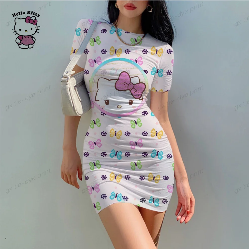 2024 Nieuwe Zomer Dames Ronde Hals Korte Mouw Bodycon Slanke Jurk Jurken Hello Kitty Digital Print Sexy Tas Heupjurk