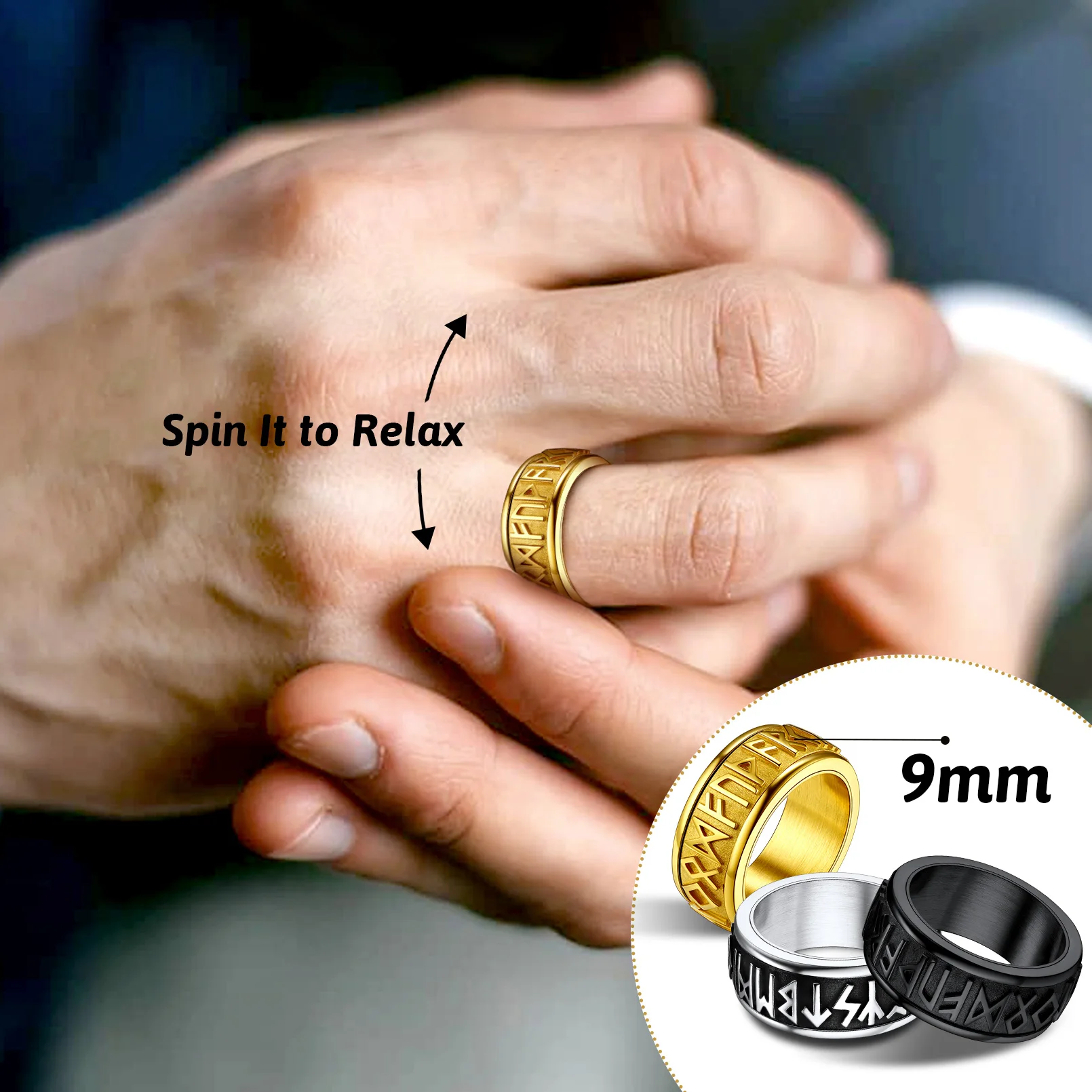 Chainspro Choice Men Rings Norse Viking Runes Spinner Ring Stainless Steel Rotatable Rings Anxiety Release Anti-Stress Ring