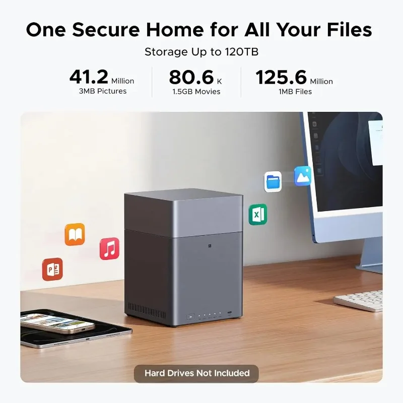 4 Bay Desktop NAS Storage 8GB RAM 2.5GbE Port 4K Network Attached Storage Max 120TB Capacity