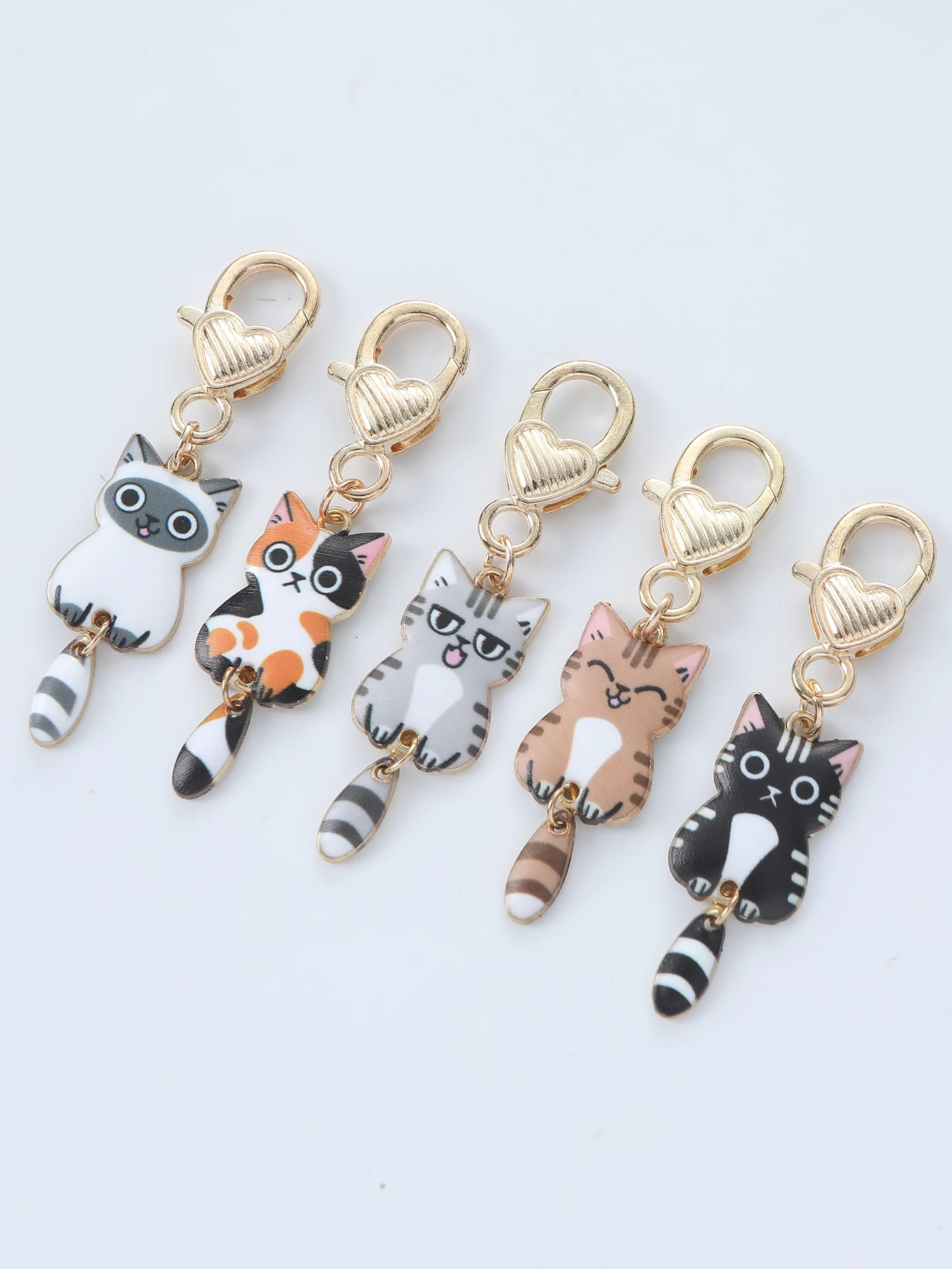 5 Pcs Cute Cartoon Cat Keychains Enamel Animal Pendants Multicolor Gold Color Metal Charms DIY Earrings Necklace Jewelry