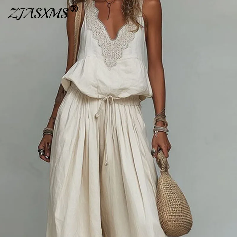 

Women Sleeveless Lace V Neck Set Camisole Drawstring Waist Baggy Pants Suit Breathable Vacation Bohemian Casual Two Piece Outfit