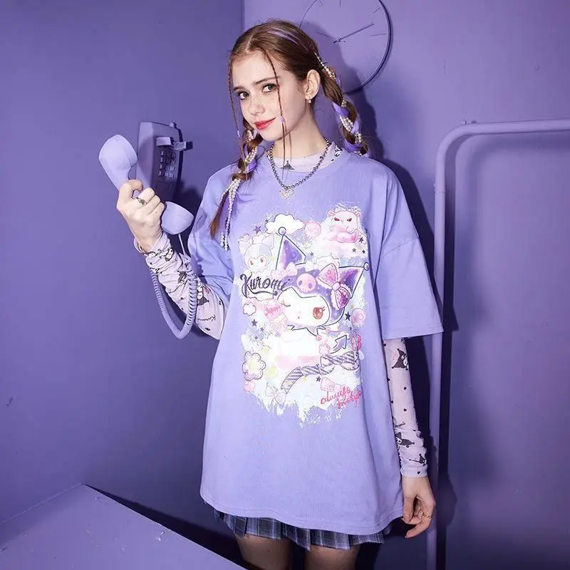 

Sanrio New Kuromi Cute Sweet and Fresh Cotton Short Sleeve Girls Summer Loose Half Sleeve Cartoon Fashion Student Print T Shirt