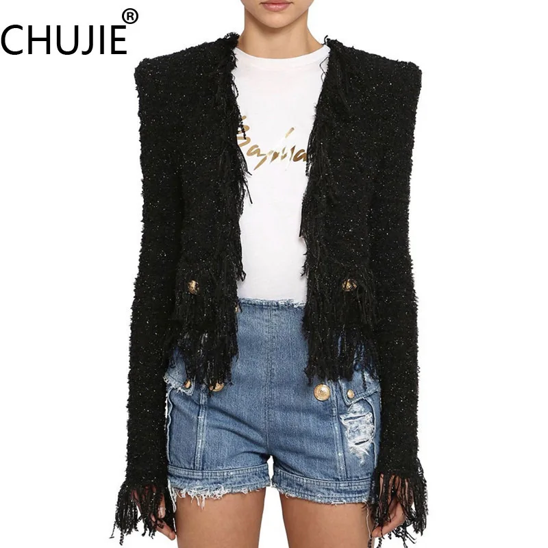 

CHUJIE 2025 Ранняя осень, черный твидовый жакет из люрекса — дизайн с бахромой, открытая передняя часть без пуговиц и декоративные карманные пуговицы