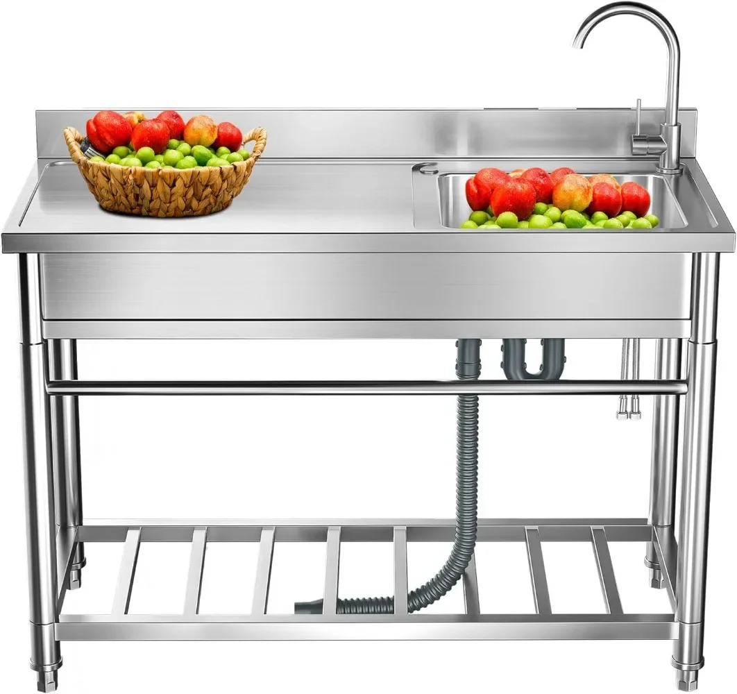 

47.2'' Stainless Steel Utility Sink with Cold and Hot Water Pipes, Free Standing Sink with Workbench & Storage