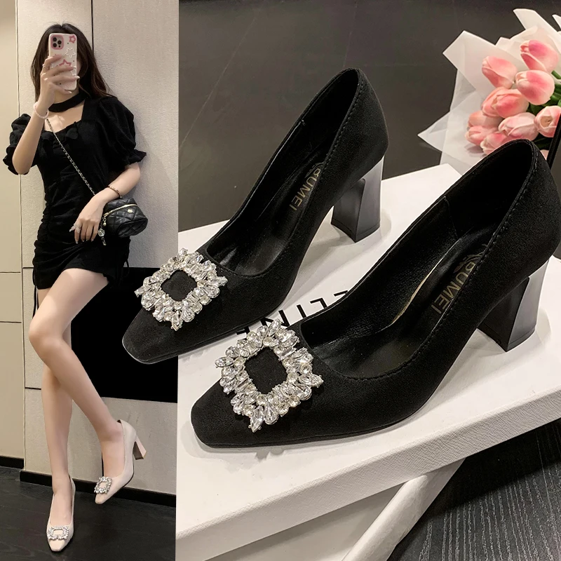 

Bla Rhinestone Chunky Heel Square Toe High Heels Women's Faion Single oes 2023 New Sle Versatile Autumn Season