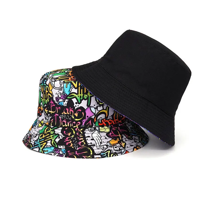 Double sided Outdoor Sun Hat Hip-Hop Cap Fishing Fisherman Graffiti Hat Men Women Animal Letter Print Panama Bucket Hats