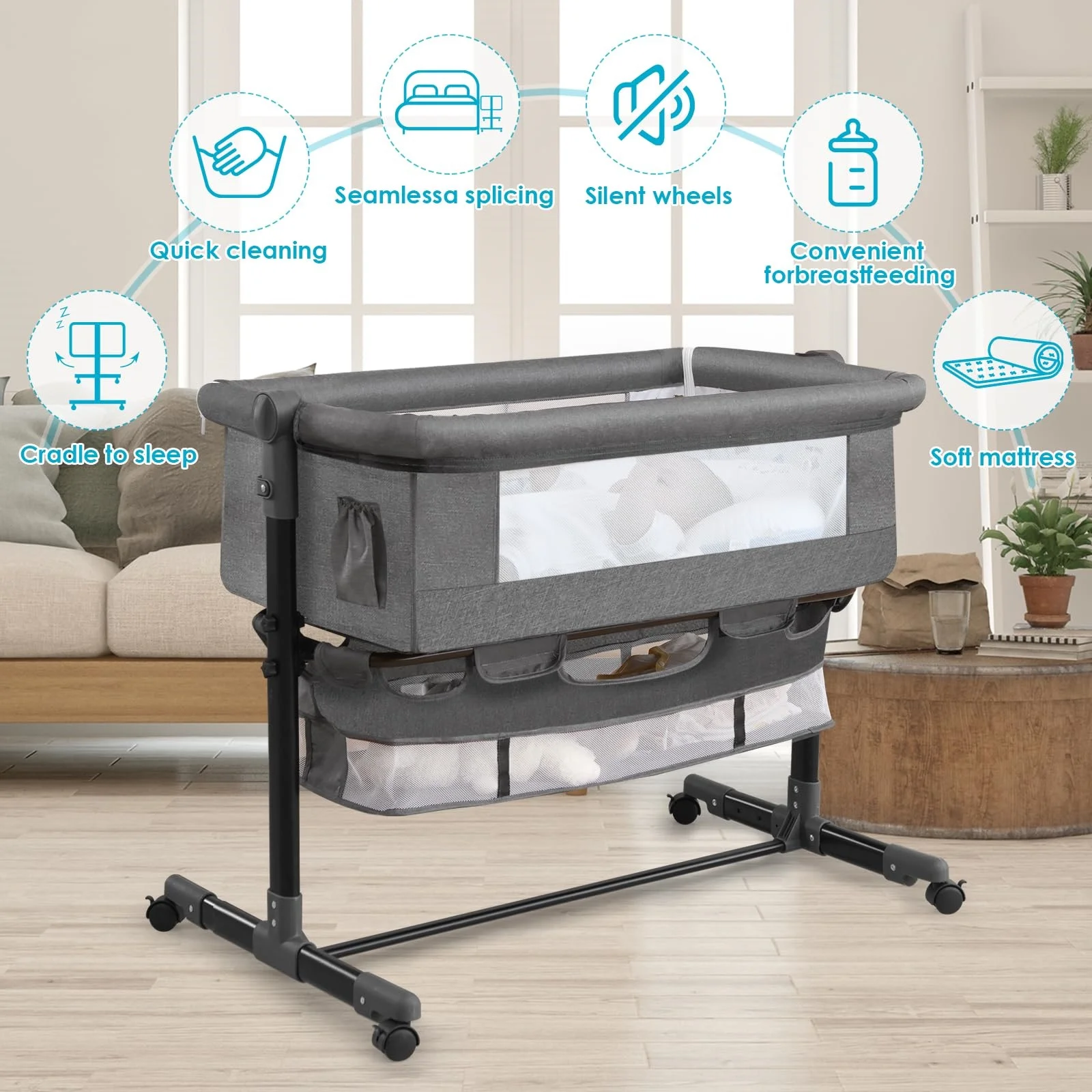 Portable Baby Bedside Bassinet with Mattress and Wheels Travel Crib and Rocking Sleeper for Newborns Next to Me Crib Bed