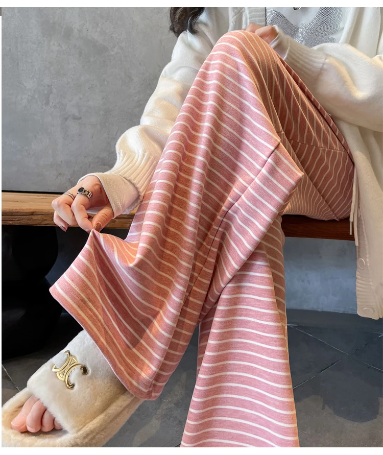 

Women's Contrast Color Striped Wide-Leg Pants 2024 Autumn/Winter New Style, Elastic Waist, High Waist, Drapey, Loose, Lazy, Vers