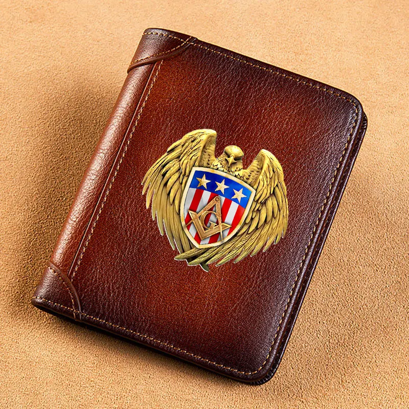 Vintage High Quality Genuine Leather Wallet American Eagle Freemasonry Printing Standard Short Purse BK3597