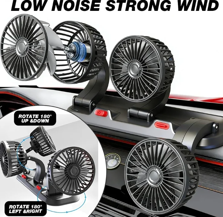 Multifunctional Car Cooling Strong Wind Low Noise Quiet Universal USB Car Electric Fan 360° Adjustable 3-Head Car Electric Fan
