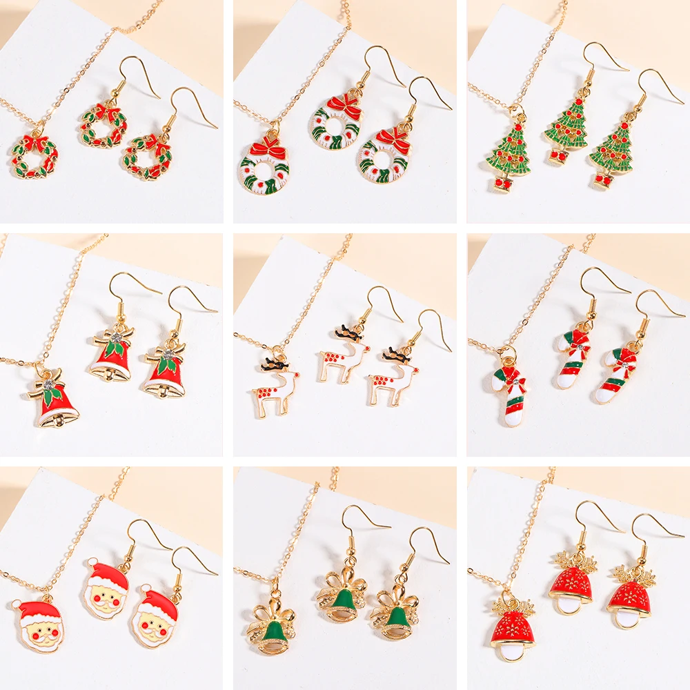 Lovely Alloy Enamel Christmas Theme Dnagle Earrings And Pendant Necklace Jewelry Set For Women Girls Xmas New Year Party Gifts