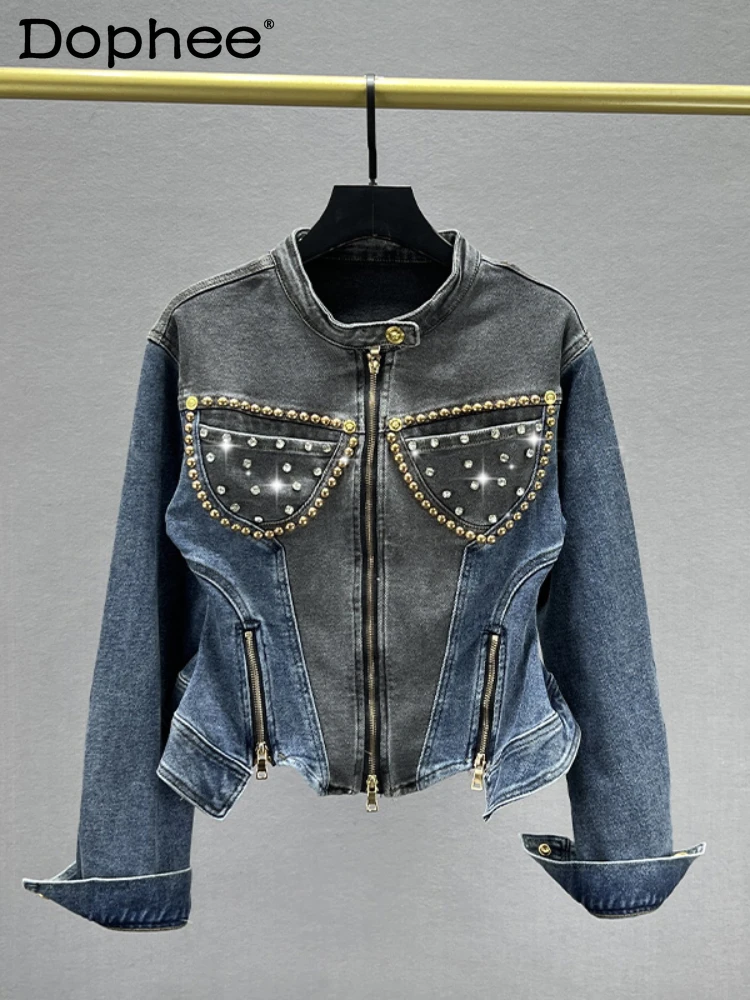 

Fashion Diamond-Embedded Bead Long Sleeve Denim Jacket for Women 2023 New Autumn Stretch Slim-Fit Short Zipper Jacket Top Female