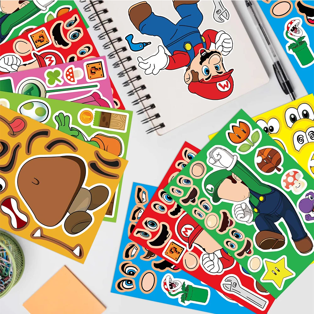 8/16sheets Game Super Mario Children Puzzle Stickers Make a Face DIY Fun Kid Assemble Jigsaw Decal Toy Birthday Party Decoration