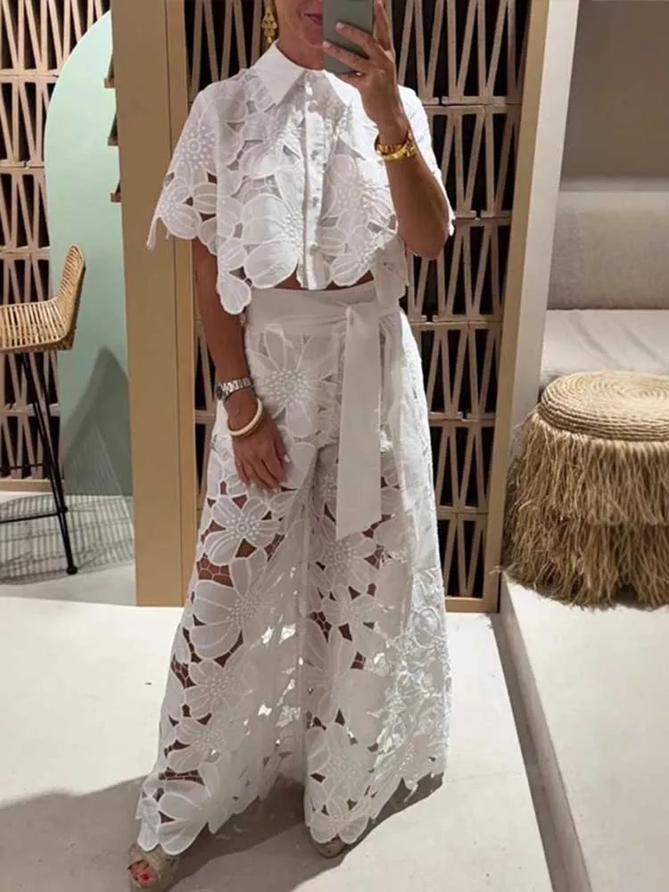 

2 Piece Sets Womens Outfits Elegant Summer Short Sleeve Cardigan Hollow Out Sets Ladies White Pant Suit Wholesale Dropshipping