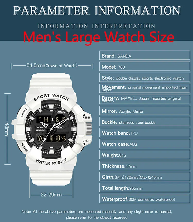 SANDA Men\'s LED Digital Watches Top Brand Luxury Military Quartz Watch Men Timing Alarm Clock Waterproof Sports Wristwatches