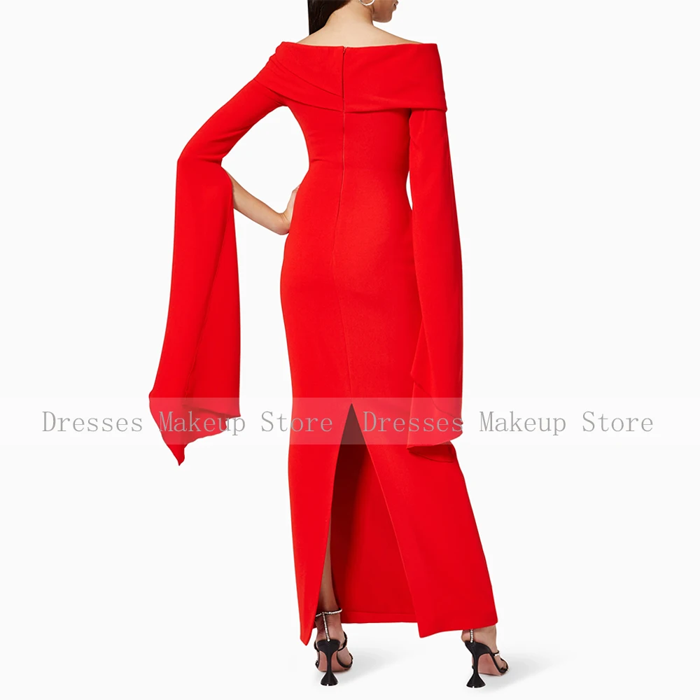 2024 Women\'s Evening Dresses Red Off the Shoulder Sheath/Column Evening Gowns Long Sleeves Elegant Wedding Guest Dress Maxi