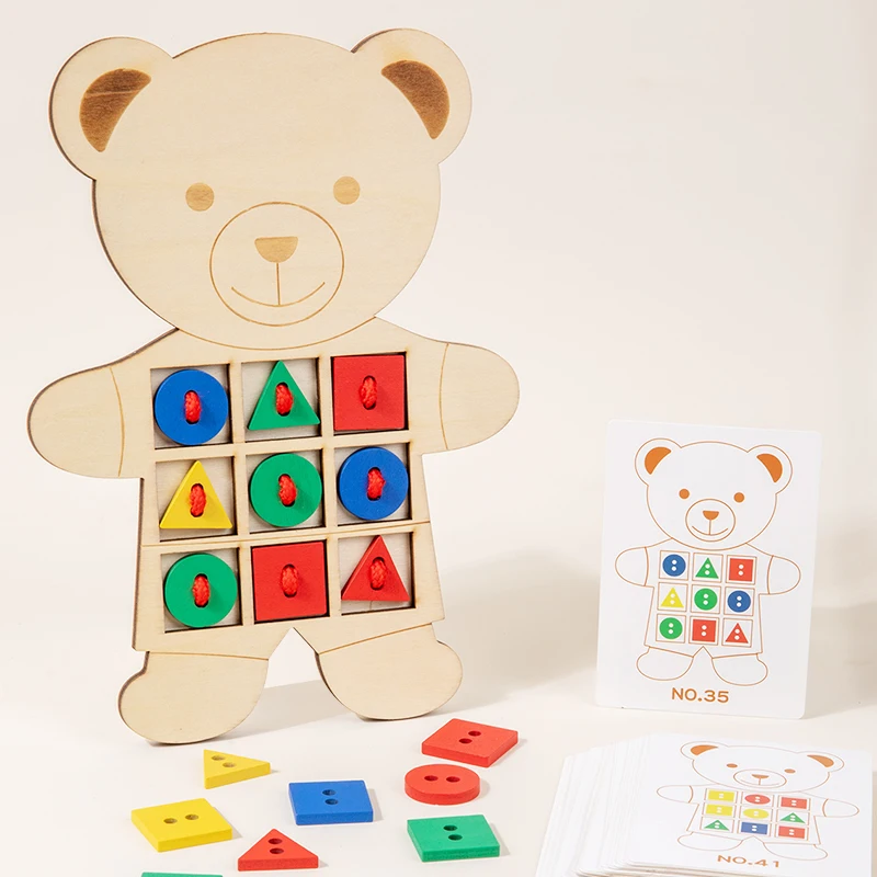 Gioco per infilare bottoni in legno con orsetto Giocattolo educativo per l'apprendimento con pulsanti con codice colore Riconoscimento della forma e regalo di coordinazione occhio-mano