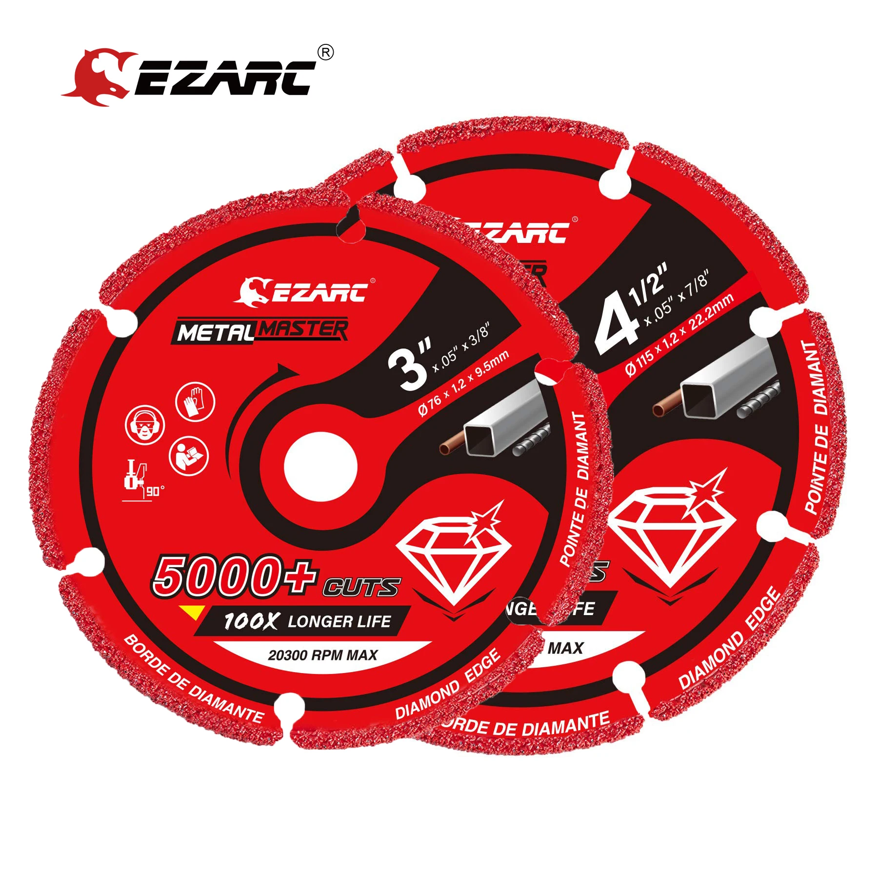 EZARC-Roda de corte de diamante para Metal, Cortar roda com 5000 cortes Plus no vergalhão, Aço, Ferro e Inox, 3x3/8 polegadas, 4-1/2x 7/8 polegadas