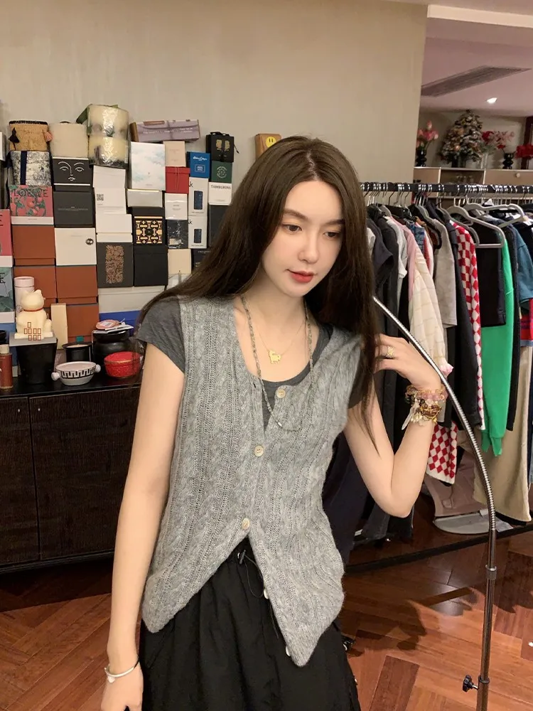 

Женский кардиган-жилет из смесовой пряжи (шерсть, альпака, лиоцелл) от Zhang Da, стандартная длина, осенняя коллекция, модный