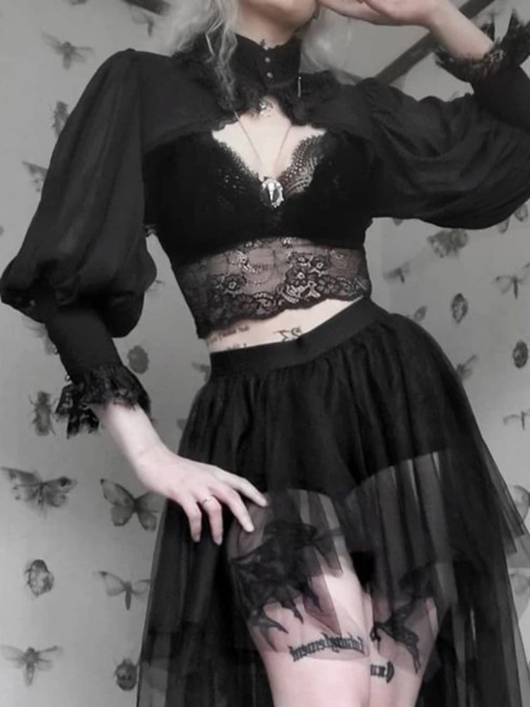 Gothic Lantern Sleeve Smock High Street Sexy Black Winter Long Sleeve Crop Top Aesthetic Fairy  Blusas Mujer De Moda 2022