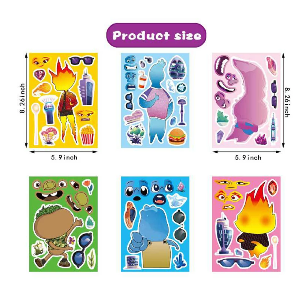 6/12Sheets Disney Elemental Puzzle Stickers Game Make a Face Children Assemble Jigsaw Funny DIY Decoration Kid Educational Toys