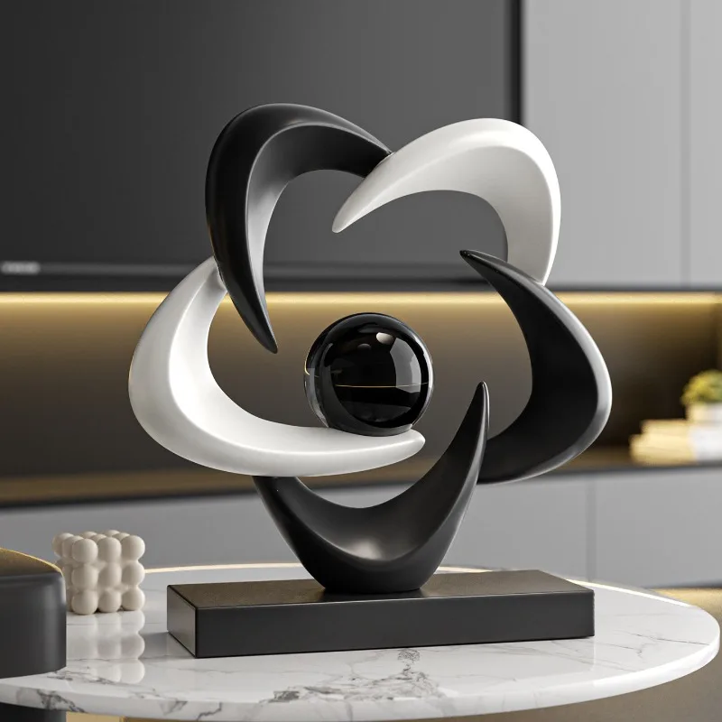 Modern Black White Abstract Swirl Sculpture, Lucky Five Rings Resin Statue, Desktop Ornament for Living Room Entrance Home Decor