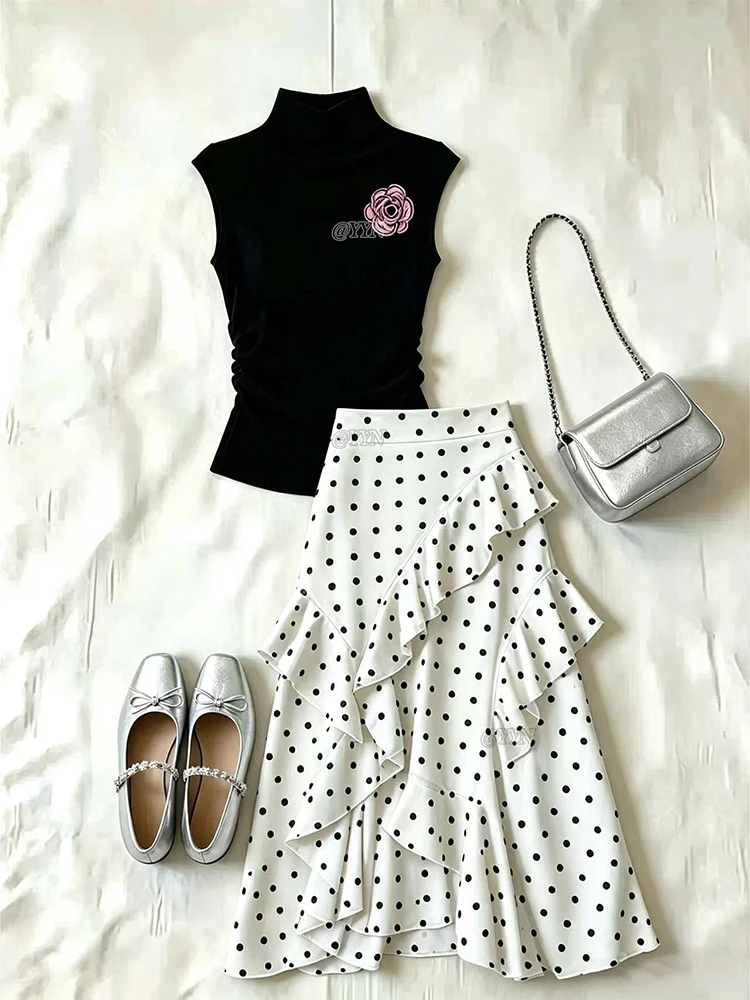 Fashionable Polka Dot Set Women's Half High Collar Sleeveless Top Summer Design Sense Asymmetrical  Skirt Two Piece Set