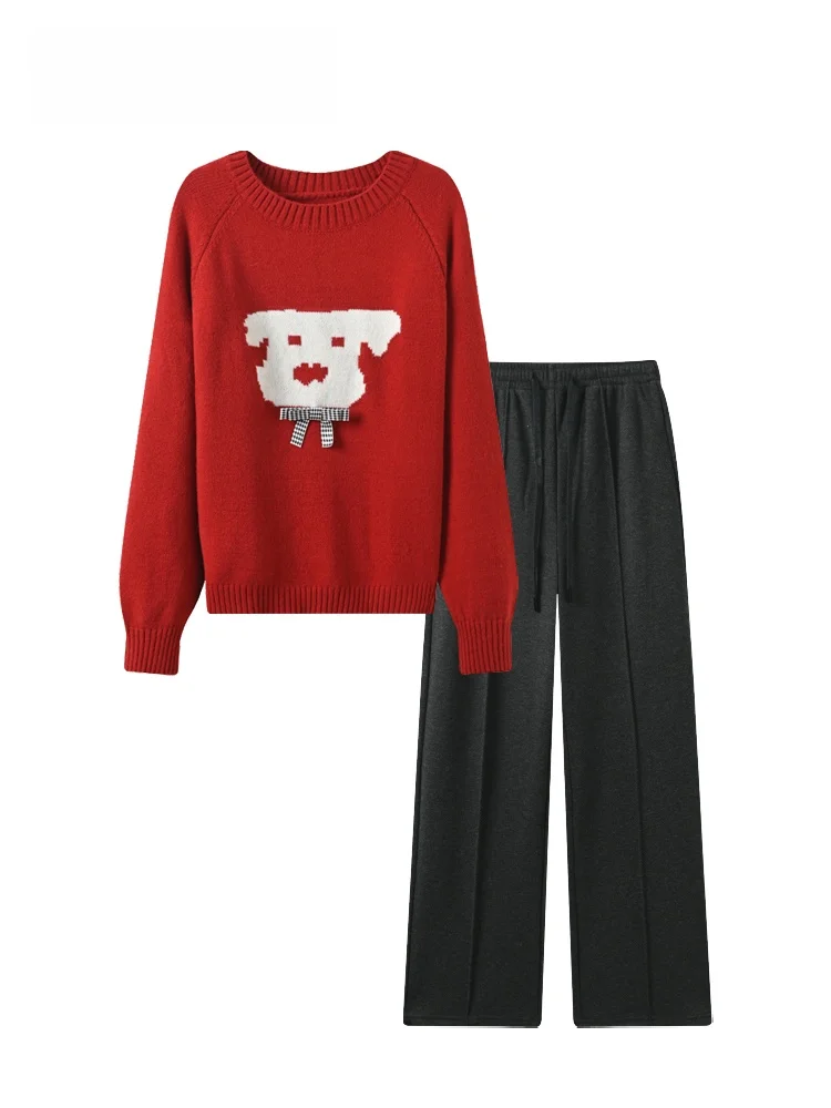 

plus Size Knitted Sweater High Waist Casual Pants Women's Autumn Winter plus Size Set Fat Sister Trendy Outfit Polyester Fiber