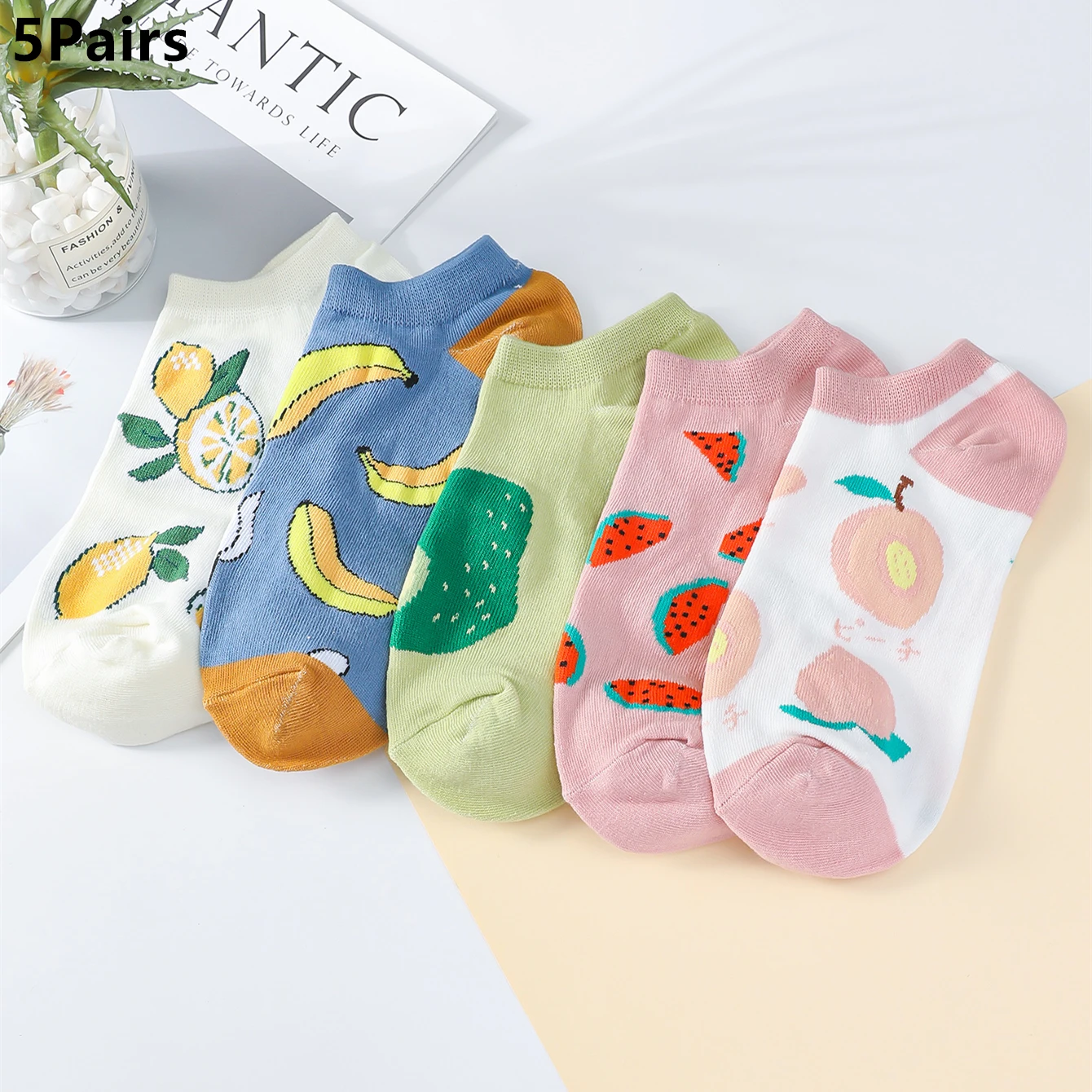 5 Pairs Women\'s Fruit Cow Cat Pattern Cute Cartoon Ankle Socks Set