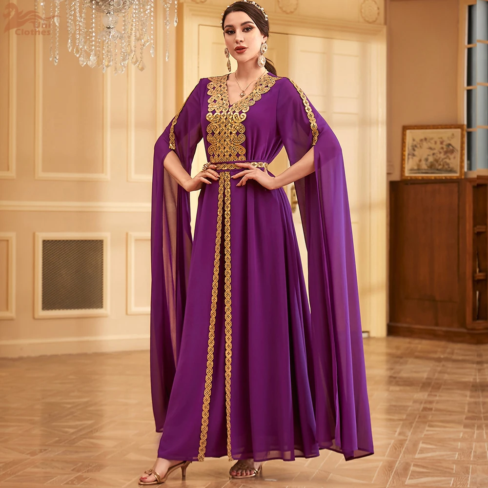 

Muslim Women Evening Dress Elegant Chiffon Party Embroidery Largo Tape Trim Belted Abaya Moroccan Caftan Dubai Kaftan Jalabiya