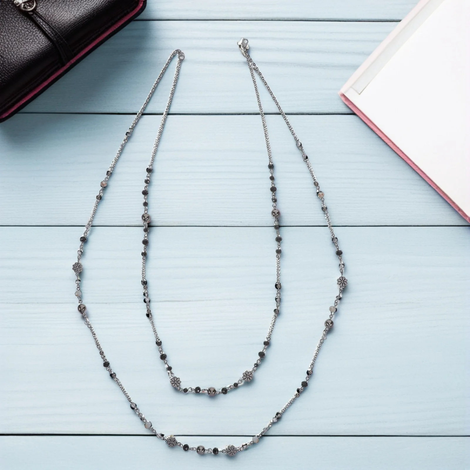 

Bohemian Layered Long Necklace Double Chain Flower Charm Beaded Necklace Holiday Birthday Jewelry Layered Jewelry