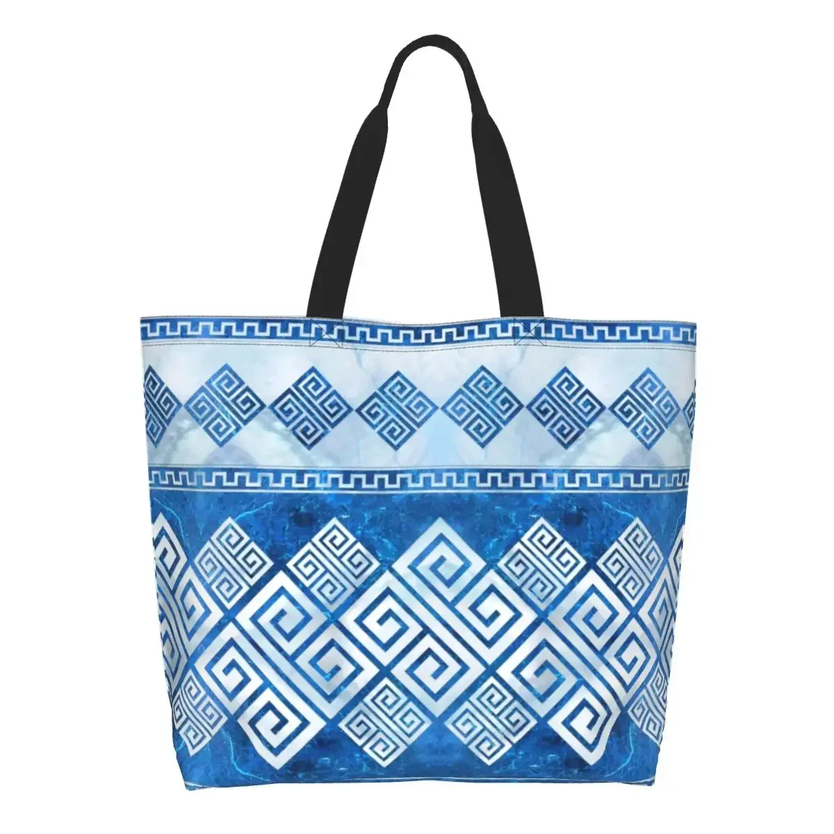 

Recycling Greek Meander Shopping Bag Shoulder Canvas Tote Bag Portable Greek Key Blue Gemstone And Pearl Grocery Shopper Bags