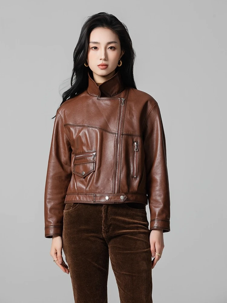 

Casual Short Genuine Leather Motorcycle Jackets for Women Spring Autumn 2026 New High-end Simple Solid Soft Real Sheepskin Coat