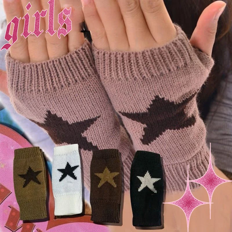 

Unisex Winter Touchscreen Gloves Women Men Warm Star Print Knitted Fingerless Mitten Wool Half Finger Fingerless Students Gloves