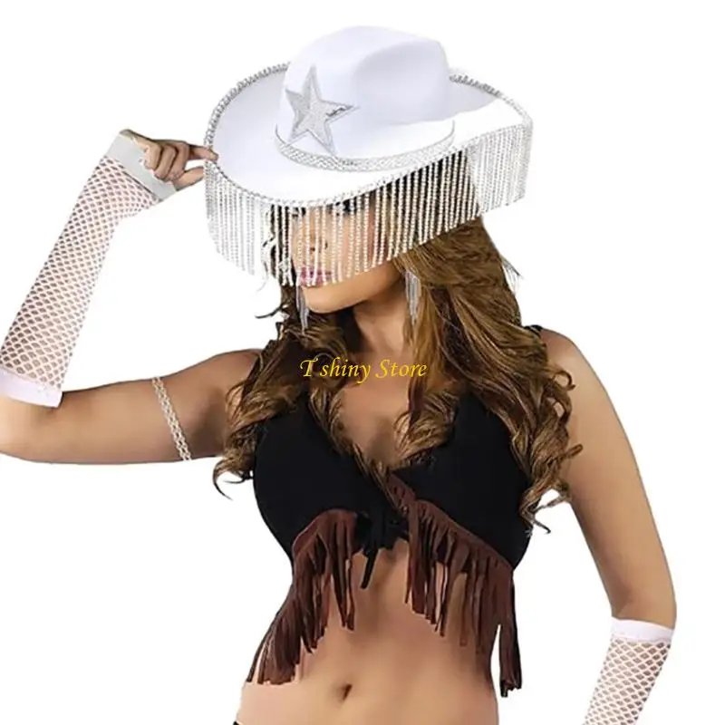 N58F Shimmering Cowboy Hats with Diamond Fringes for Proms Banquets Party Sequins Star Cowboy Hats for Teen Taking Photo