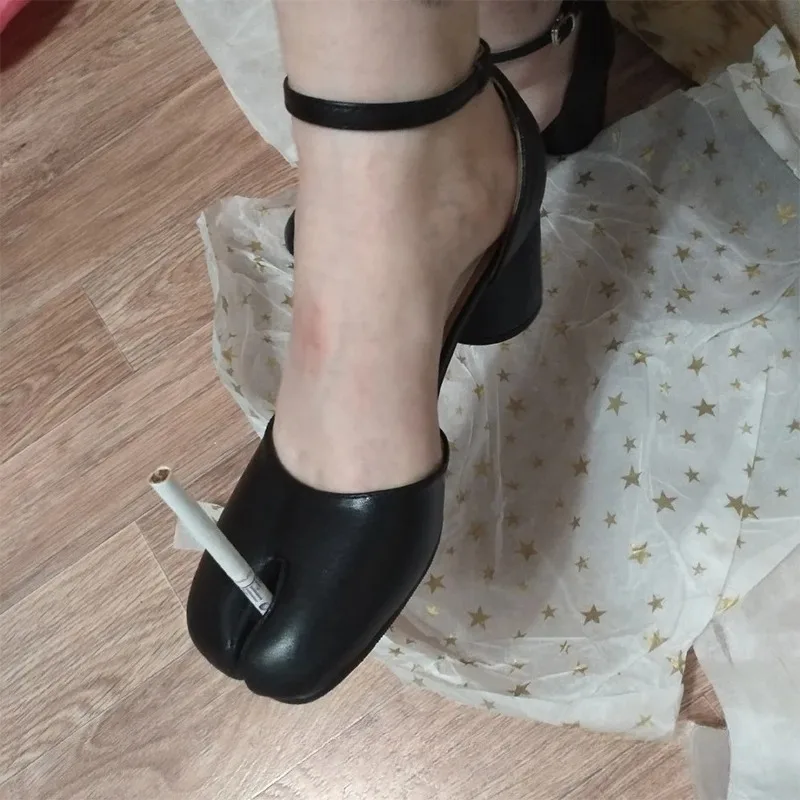 Ballet Inspired Womens Genuine Pig Leather Split Toe Sandals Ankle Buckle Strap Round Heel Mary Jane High Heel Shoes for Summer