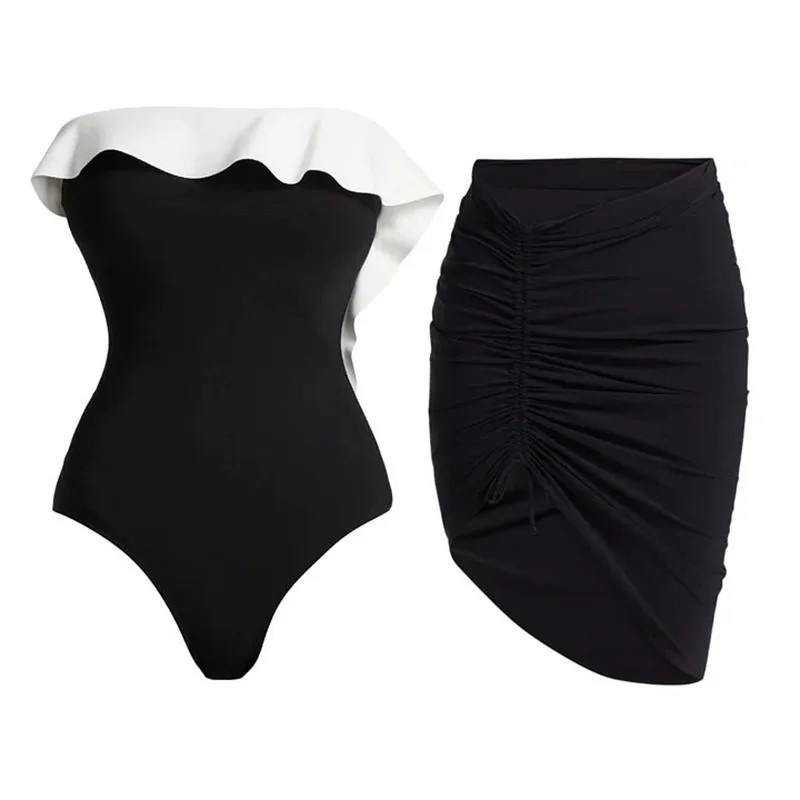 Women's Ruffled One-piece Swimsuit New-Style Off-Shoulder Black White Maxi Dress Beach Vacation Style Summer Holiday Swimwear