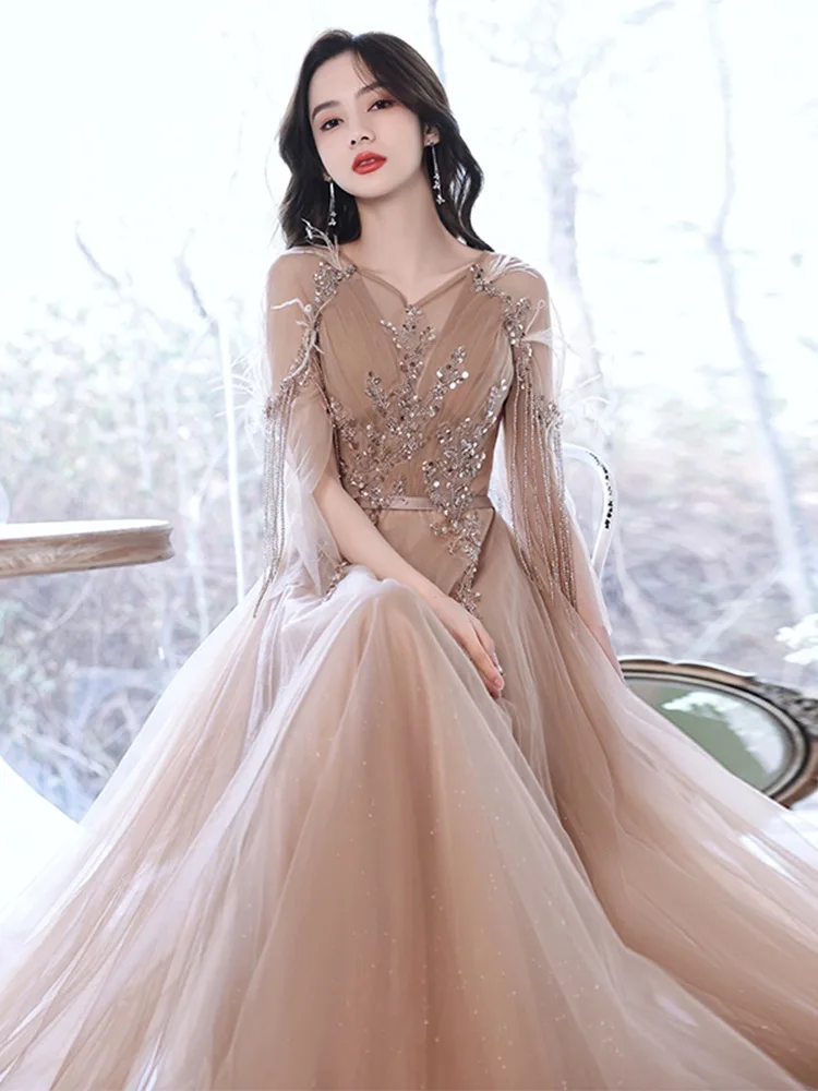 

Champagne Celebrity Dresses With Sleeves Handmade Sequined Tulle Elegant O-neck A-line Luxury Long Evening Prom Dresses New