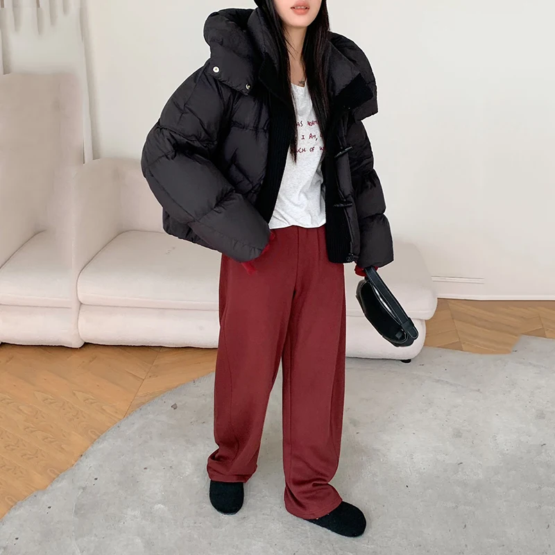 Inverno puff malha emenda com capuz jaqueta feminina pato branco para baixo curto parker outwears feminino zíper engrossar jaqueta acolchoada