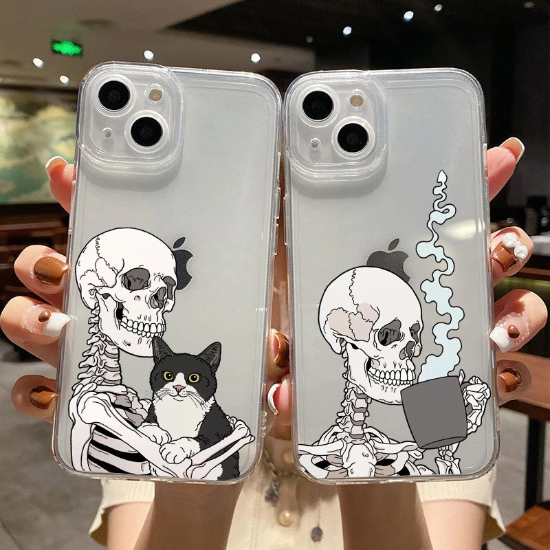 

Funny Skeleton Cute cat Phone Cover For iPhone 11 12 13 14 15 16 17 Pro Max 15 16 Plus 17AIR Clear Soft Silicone TPU Case
