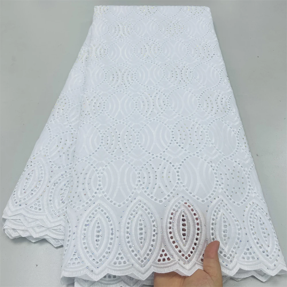 

100% Cotton Swiss Voile Fabrics Women Dress Cloth White Polish Cloth African Lace Embroidery Soft 5 Yards