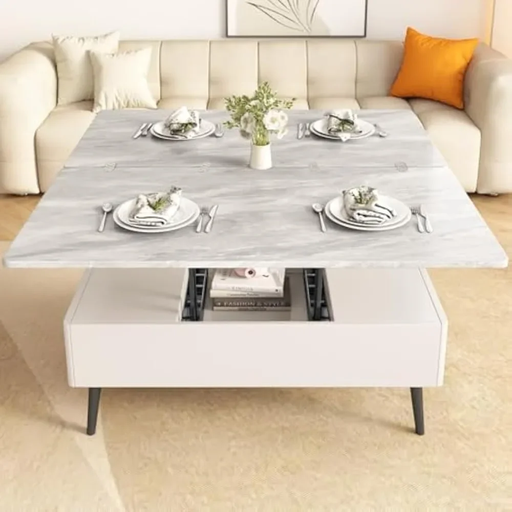 

39.37 Lift Top Coffee Table, White Coffee Table Converts to Dining Table, Lift up End Table with Storage