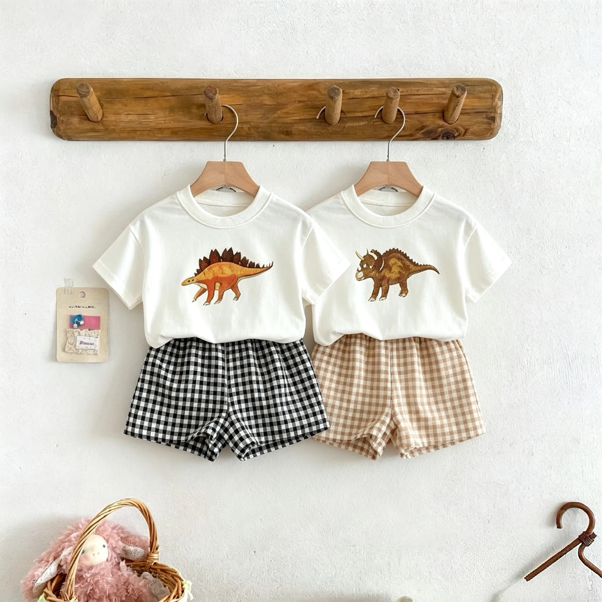 1-6 Age Kids Clothing Summer Short Sleeve Suit Printed Dinosaur T-shirt Plaid Shorts Children's Wear Set Loose Casual Tracksuits