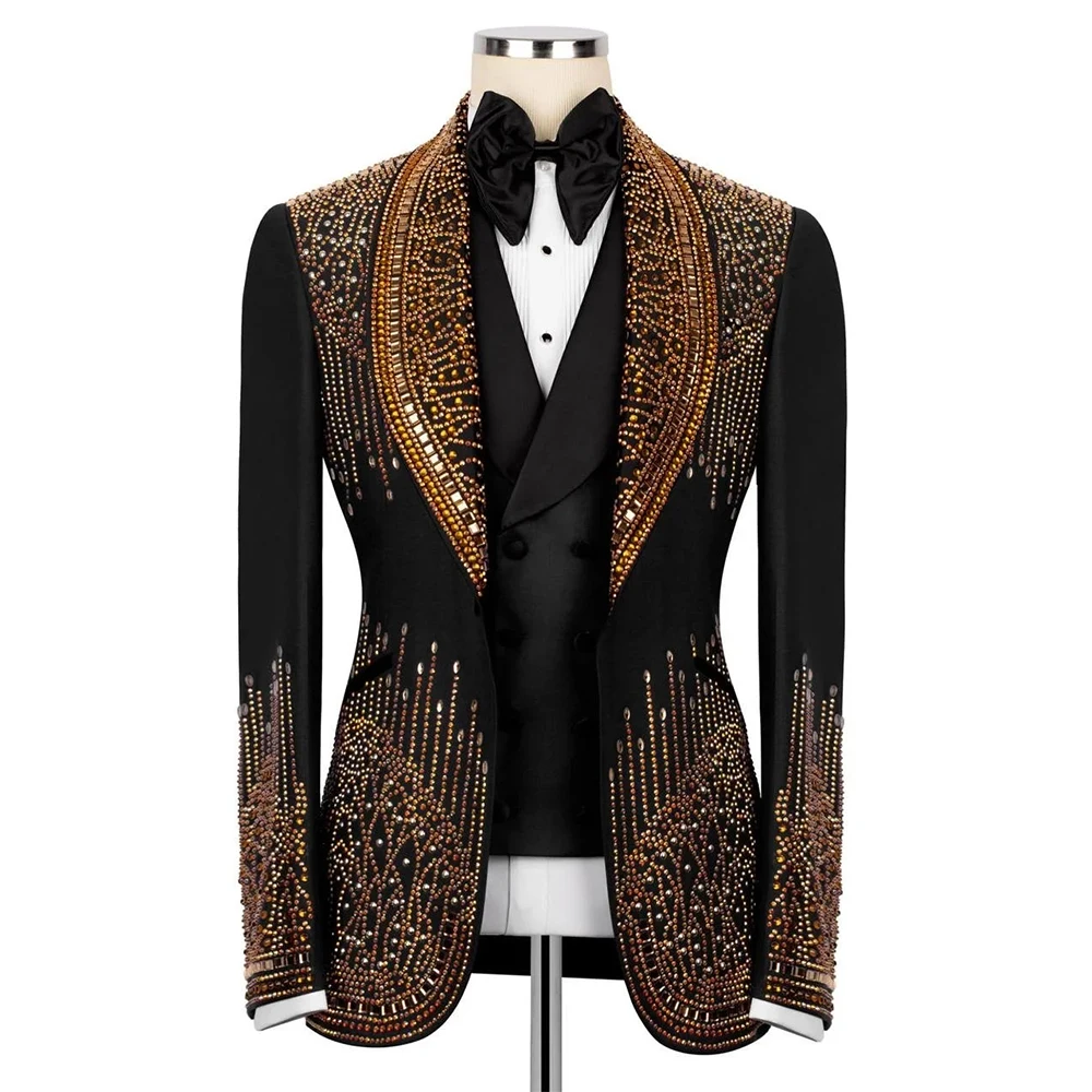 Gouden Herenkostuums Kristal Kralen Slim Fit Bruiloft Bruidegom Smoking Sjaal Revers Zakelijke Set 2-delige Blazer Broek Aangepast